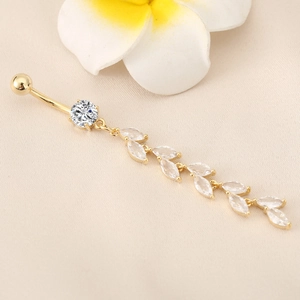 Golden belly ring featuring zircon leaf tassel and marquise crystals on a curved bar