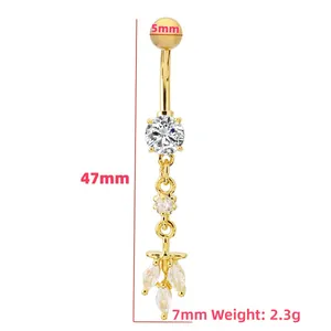 Golden belly button ring with oval cubic zirconia and elegant leaf tassel pendant