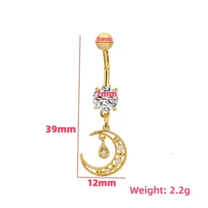 Gold moon and teardrop zircon belly ring with 39mm length and 2.2g weight measurement