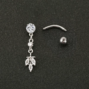 Silver belly button ring with oval zircon tassels and threaded curved barbell design