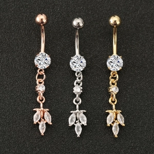 Stainless Steel Copper Zirconia Leaf Dangle Belly Button Ring Navel Piercing Tassel Body Jewelry For Women Gift