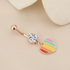 Rose gold belly button ring with rainbow heart pendant and sparkling zircon stone
