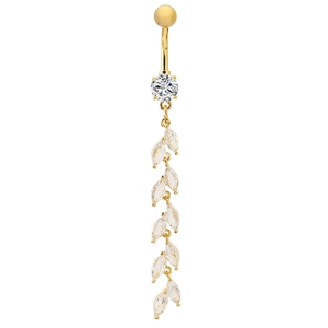 Elegant gold belly ring with round zircon and marquise leaf tassel dangles for women
