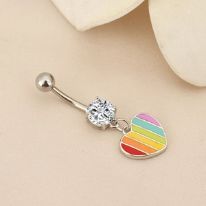 Detailed view of rainbow enamel heart belly ring with sparkling white zircon accent