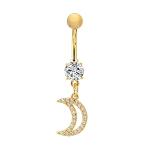 Goldener Bauchnabelpiercing mit Mondsichel Anhänger und funkelnden Zirkonia Steinen