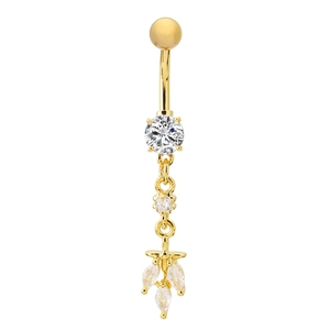 Detail of gold-plated belly ring with sparkling clear zircon fringe and leaf-shaped stones