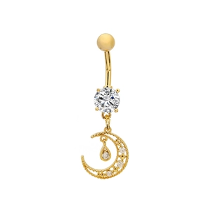 Golden moon and teardrop zircon belly ring featuring a sparkling curved bar design
