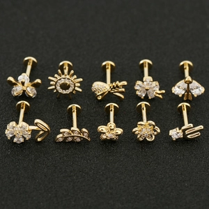 10-piece gold flower CZ labret stud set for cartilage piercing and lip jewelry