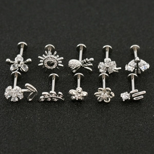 10pcs silver surgical steel cartilage studs set with cubic zirconia butterfly flower shapes