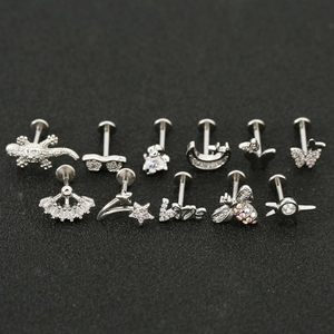 Lot de 11 piercings de cartilage argentés avec motifs lune abeille et zircons