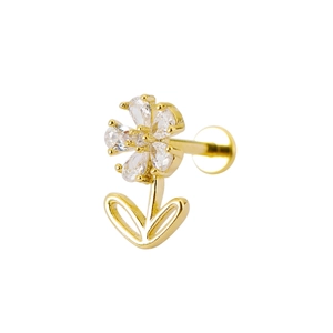 Exquisite gold floral labret stud with marquise CZ petals for cartilage piercing