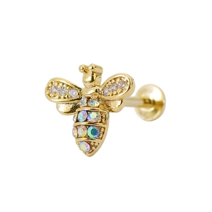 Piercing abeille doré avec cristaux blancs et AB sur une tige à dos plat