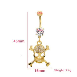 Golden skull belly button ring with crossbones and crystal rhinestones 45mm length