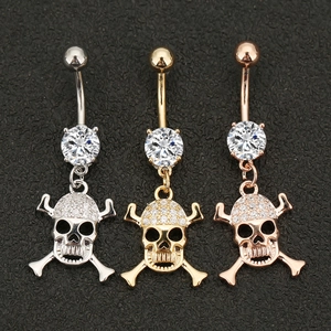 Punk Copper Zirconia Skull Crossbone Belly Button Ring Halloween Body Piercing Jewelry For Women Navel Ring Decoration