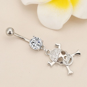 Polished silver skull belly button ring with large round zircon and pavé crystal setting