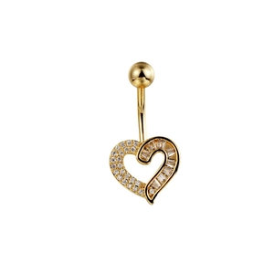 Piercing per ombelico a forma di cuore dorato con strass e barra curva elegante