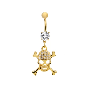 Golden skull belly button ring with large round zircon and sparkling crystal accents