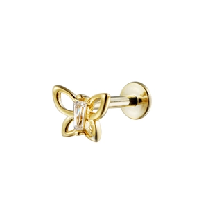 Golden butterfly cartilage earring with zircon stone and hollow wings on white background