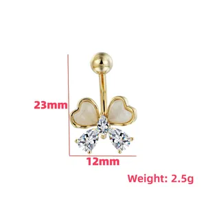 Golden butterfly belly button ring with heart-shaped stones and clover cubic zirconia