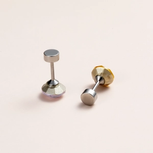 Titanium steel stud earrings with purple and yellow round crystals and screw backs