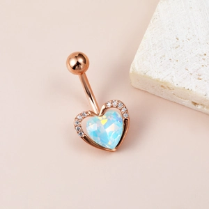 Rose gold heart belly button ring with iridescent opal stone and pavé zircon accents