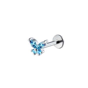 Orecchino a farfalla con cristalli blu e chiusura piatta per piercing cartilagine