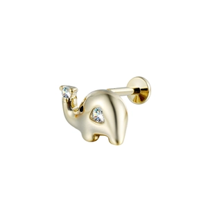 Gouden olifant labret piercing met glanzende zirkonia op witte achtergrond