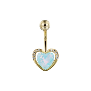 Golden heart navel ring featuring a light blue opal stone and white sparkling crystals