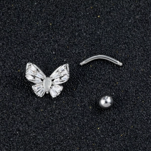 Piercing de ombligo de mariposa con circonitas rectangulares y barra plateada de acero