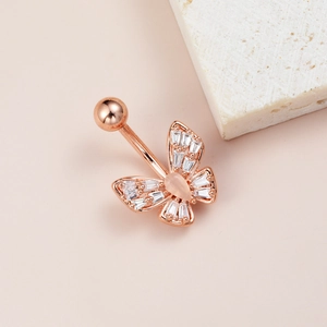 Piercing ombligo mariposa oro rosa con circón y piedra ojo de gato rosa