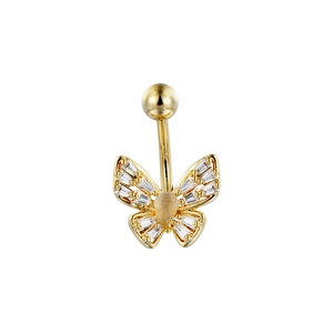 Piercing de ombligo de mariposa dorada con alas de circón y piedra ojo de gato amarilla