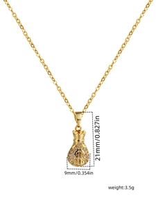Detailed view of micro-pave zircon money bag pendant necklace with dollar sign design