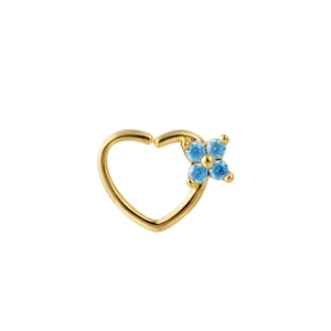 Elegant gold heart cartilage earring with sparkling blue gemstone flower accents