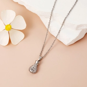 Elegant silver money bag pendant necklace with micro-paved zircons and dollar sign