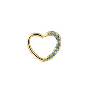 Golden heart-shaped nose ring with light blue zircon stones and polished finish