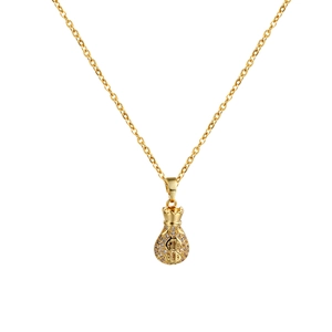 Elegant gold money bag pendant necklace with cubic zirconia micro-pave and dollar sign