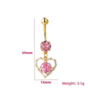 Detailed view of gold navel ring with pink heart zircons including 39mm size measurements