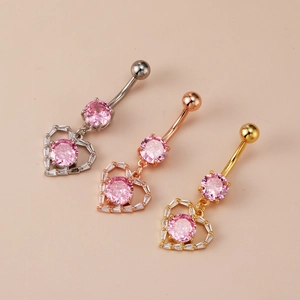 Trendy Heart Shaped Pink Zirconia Belly Piercing Ring 316 Stainless Steel Curved Bar Body Jewelry For Women