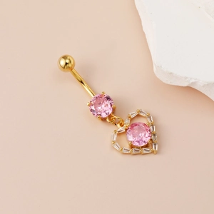 Pink heart belly button ring in gold plating with sparkling zircon heart pendant