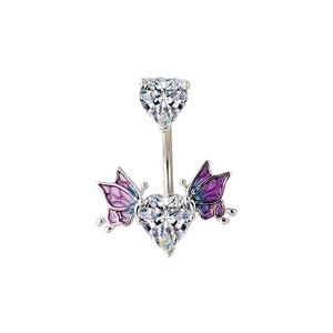 Fashionable butterfly wing heart belly ring with sparkling zircon and silver metal finish