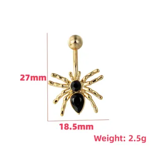 Detailed dimensions of spider belly ring with black zircon and gold plating