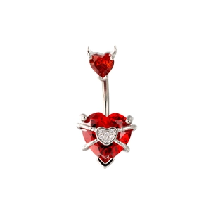Silver devil heart belly button ring with red zircon stone and small white heart detail