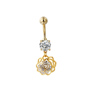 Piercing de ombligo dorado con colgante de rosa calada y circonitas brillantes