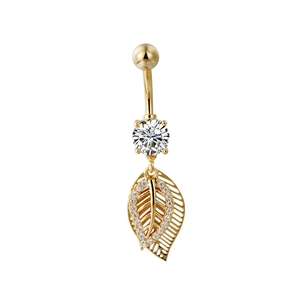 Piercing de ombligo dorado con colgante de hoja calada y circonitas brillantes