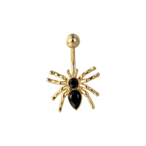 Golden spider navel ring with black crystals and polished finish for Halloween style