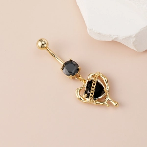 Gothic belly button ring with heart pendant and black zircon in gold finish
