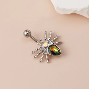 Piercing de nombril araignée d'Halloween avec cristaux colorés et barre courbe en acier poli