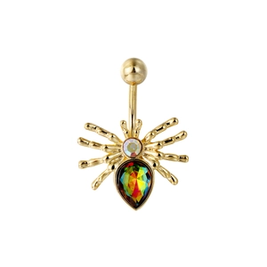 Piercing nombril araignée d'Halloween avec cristaux colorés en acier doré