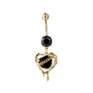 Piercing de ombligo gótico dorado con gema negra de corazón y diseño punk lava