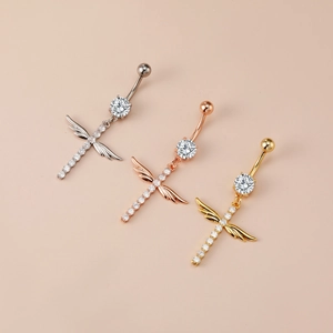 Angel Wings Cross Belly Piercing Ring 316 Surgical Stainless Steel Zirconia Navel Stud Gold Silver Body Jewelry For Women